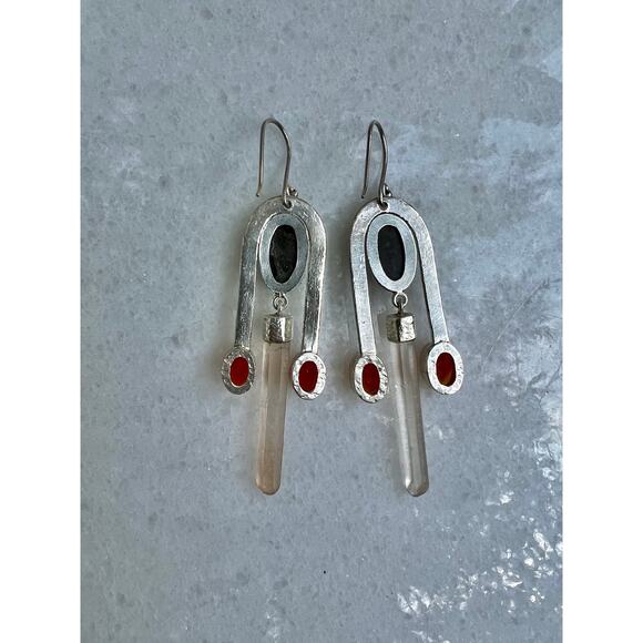 Kingman Turquoise Nepali Quartz Crystal Carnelian Sterling Silver Earrings - Picture 4 of 5